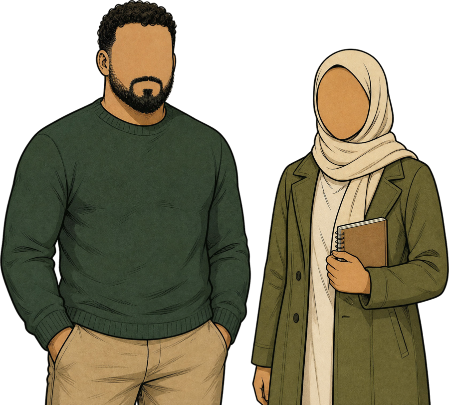 Illustration of Youcef and Amina, faceless comic characters